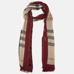 مملوكة مسبقًا Burberry Brown/Red Leopard Print Haymarket Check Silk Blend Scarf