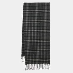 Pre Owned Burberry Dark Grey Checked Cashmere Fringed Stole