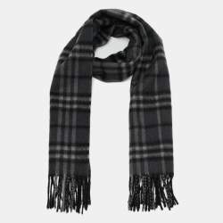 Pre Owned Burberry Dark Grey Checked Cashmere Fringed Stole