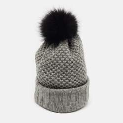 Burberry Grey Fox Fur Trim Wool Knit Beanie