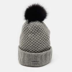 Burberry Grey Fox Fur Trim Wool Knit Beanie