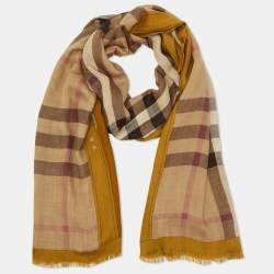 Burberry Yellow Ochre Check Logo Print Modal & Cashmere Stole 