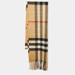 Burberry Beige Checked Cashmere Fringed Scarf