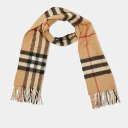 Burberry Beige Checked Cashmere Fringed Scarf