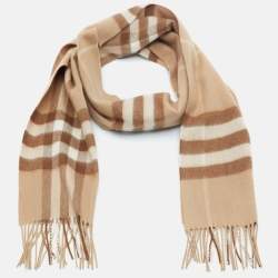 Pre Owned Burberry Camel Brown Classic Check Cashmere Fringed Muffler 