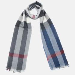 Burberry Blue/Grey Checked Raw Edge Scarf 