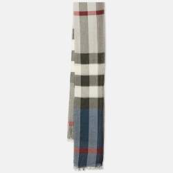 Burberry Blue/Grey Checked Raw Edge Scarf 