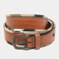 Burberry Brown/Beige Housecheck Canvas and Leather Buckle Belt 90CM