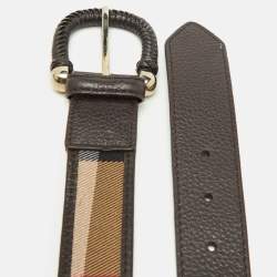 Pre Owned Burberry Beige/Dark Brown Beat Check Canvas and Leather Buckle Belt 95CM