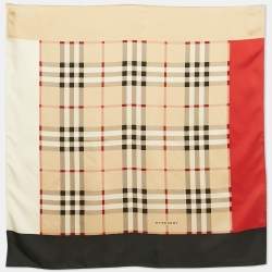 Pre Owned Burberry Beige Check Silk Satin Square Scarf
