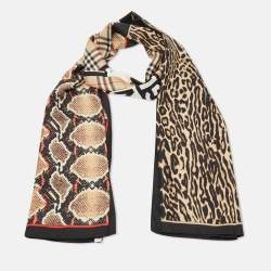 Pre Owned Burberry Beige Leopard & Snake Print Silk Checkered Scarf