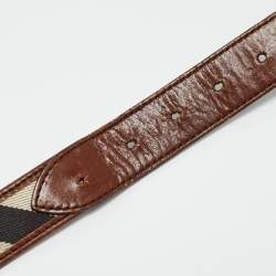 Pre Owned Burberry Brown House Check Canvas and Leather Logo Plague Belt 85CM