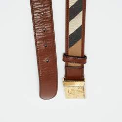 Pre Owned Burberry Brown House Check Canvas and Leather Logo Plague Belt 85CM