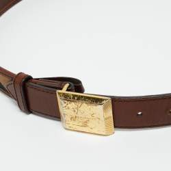 Pre Owned Burberry Brown House Check Canvas and Leather Logo Plague Belt 85CM