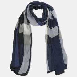 Pre Owned Burberry Blue Checks Silk Scarf 