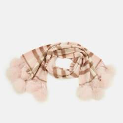 مملوكة مسبقًا Burberry Pink Nova Check Cashmere Fox Fur Pom-Pom Scarf