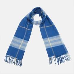مملوكة مسبقًا Burberry Blue Checked Cashmere Fringed Stole