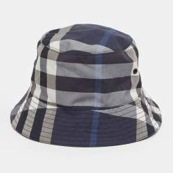 Pre Owned Burberry Blue Cotton Checked Bucket Hat L