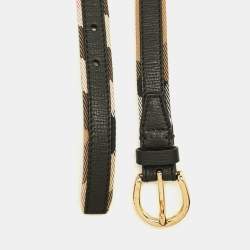 Pre Owned حزام بربري رفيع جلد وكانفاس كاروهات نوفا بيج/ أسود 70 سم