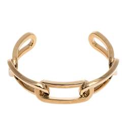 Pre Owned Burberry Chain Link Motif Gold Tone Open Cuff Bracelet L