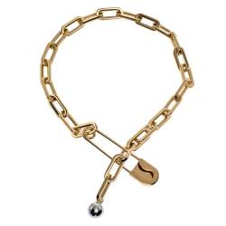 Pre Owned Burberry Kilt Pin Gold Tone Chain Link Short Necklace