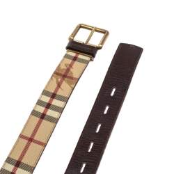 Pre Owned Burberry Beige/Brown Haymarket Check Coated Canvas and Leather Belt 100CM