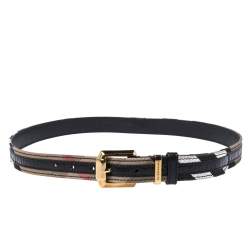 Pre Owned Burberry Beige/Black Super Nova Check Canvas and Leather Trim Belt 90CM