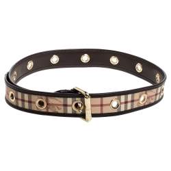 مملوكة مسبقًا Burberry Brown Haymarket Check Coated Canvas and Leather Grommet Buckle Belt 90CM