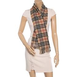 Pre Owned Burberry Vintage Beige Check Fringed Cashmere Muffler
