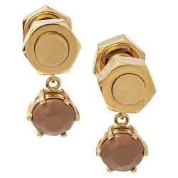 Burberry Gold Plated Leather Inlay Nut & Bolt Drop Earrings
