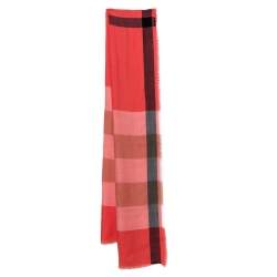 Pre Owned Burberry Coral Pink Fluro Lightweight Mega Check Cashmere Scarf