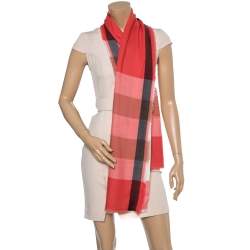 Pre Owned Burberry Coral Pink Fluro Lightweight Mega Check Cashmere Scarf