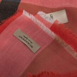 Pre Owned Burberry Coral Pink Fluro Lightweight Mega Check Cashmere Scarf
