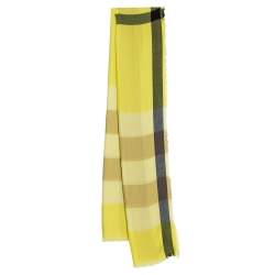 Pre Owned Burberry Yellow Check Pattern Cashmere Scarf