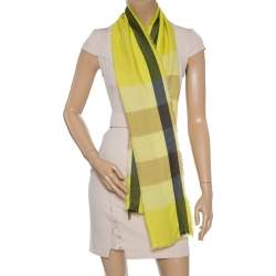 Pre Owned Burberry Yellow Check Pattern Cashmere Scarf