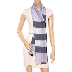 Pre Owned Burberry Lavender & Black Check Pattern Cashmere Scarf