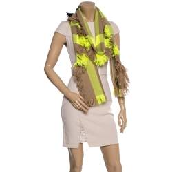 Pre Owned Burberry Yellow & Beige Half Mega Check Fringed Wool Stole