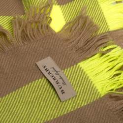 Pre Owned Burberry Yellow & Beige Half Mega Check Fringed Wool Stole
