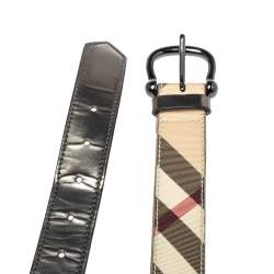 مملوكة مسبقًا Burberry Beige/Metallic Grey Check Canvas and Leather Belt 100CM