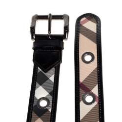 مملوكة مسبقًا حزام بربري إبزيم غرومنت جلد لامع وكانفاس مقوى كاروهات نوفا بيج/ أسود 80 سم