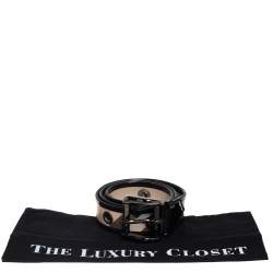 مملوكة مسبقًا حزام بربري إبزيم غرومنت جلد لامع وكانفاس مقوى كاروهات نوفا بيج/ أسود 80 سم