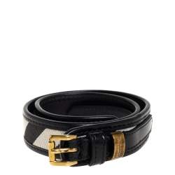 Burberry Black/Beige Nova Check Canvas and Leather Slim Belt 70 CM