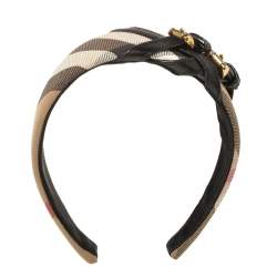 Pre Owned Burberry Beige House Check Canvas Leather Buckle Trim Headband