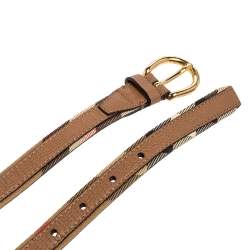 Pre Owned حزام بربري إبزيم رفيع كانفاس كاروهات هاوس وجلد بيج/ بني 85 سم