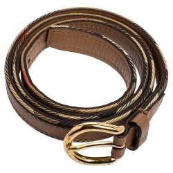 Pre Owned حزام بربري إبزيم رفيع كانفاس كاروهات هاوس وجلد بيج/ بني 85 سم