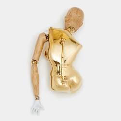 Pre Owned Burberry Doll Wood Enamel Gold Tone Brooch