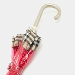 Pre Owned مظلة بربري نايلون كاروهات نوفا وبلاستيك مشمع بيج/وردي 