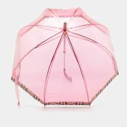 Pre Owned مظلة بربري نايلون كاروهات نوفا وبلاستيك مشمع بيج/وردي 