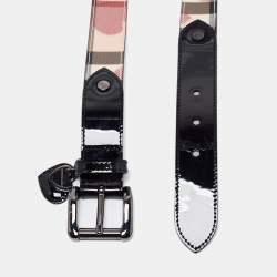 Pre Owned Burberry Beige/Black Nova Check Heart Coated Canvas and Patent Leather Buckle Belt 80 CM