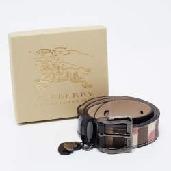 Pre Owned Burberry Beige/Black Nova Check Heart Coated Canvas and Patent Leather Buckle Belt 80 CM